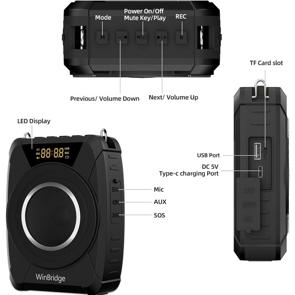 Winbridge 20W Wireless Bluetooth Voice Amplifier w/ Wireless Microphone Headset - Picture 8 of 16